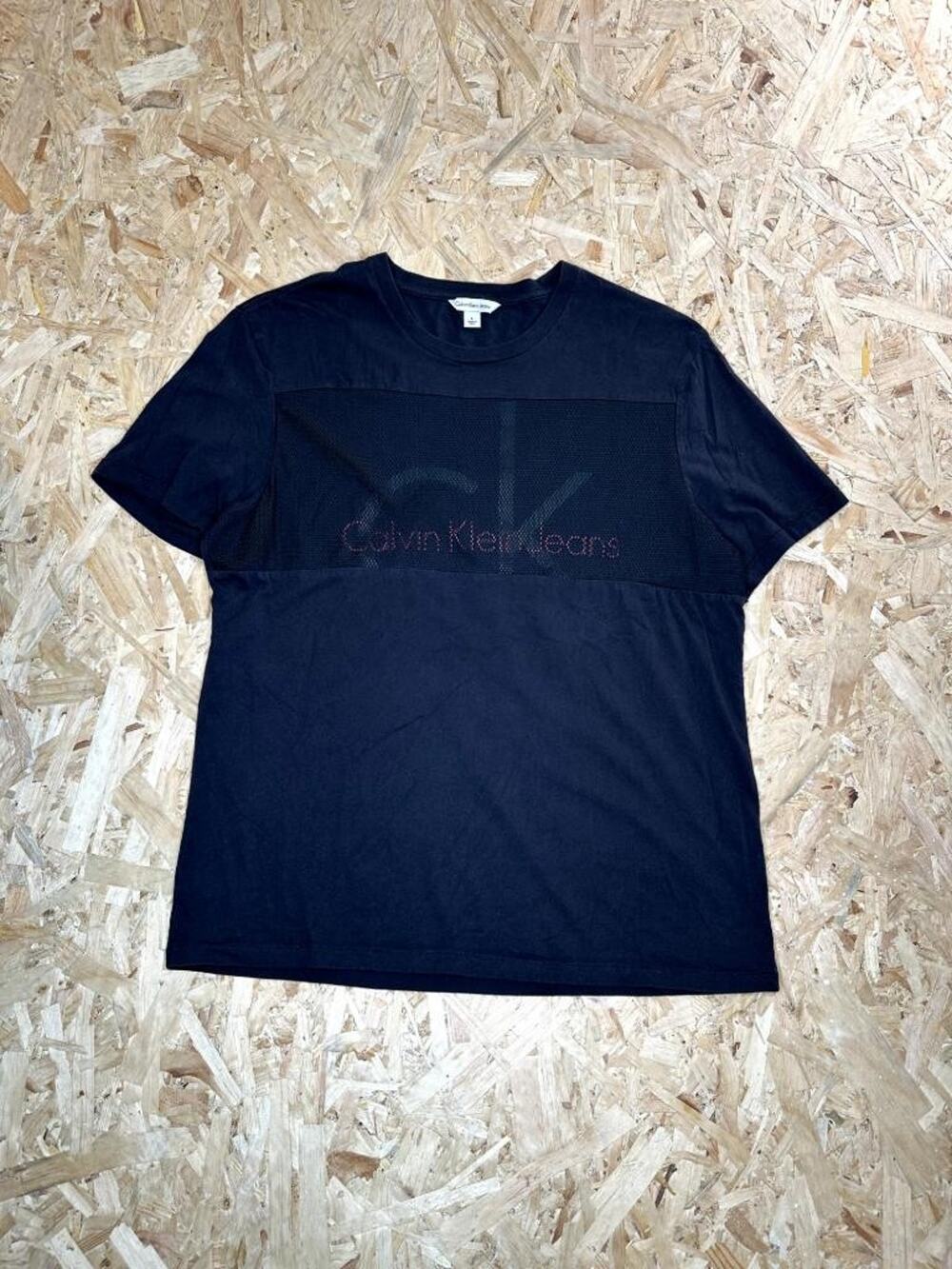 Calvin Klein Jeans T-Shirt Mens Large Black Mesh Panel Graphic Logo Short Sleeve
